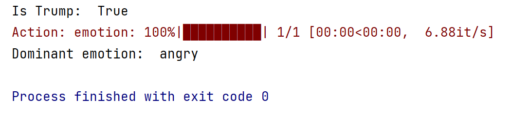 Face Analysis output. Reads: Is Trump: True. Dominant emotion: angry.